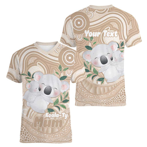 Koala Mum Australia Mother's Day Personalised Women V-Neck T-Shirt Beige Aboriginal Art