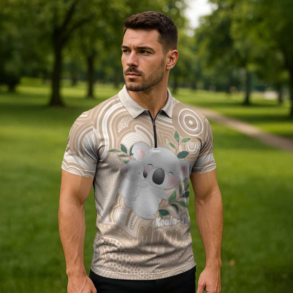 Koala Mum Australia Mother's Day Personalised Zipper Polo Shirt Beige Aboriginal Art