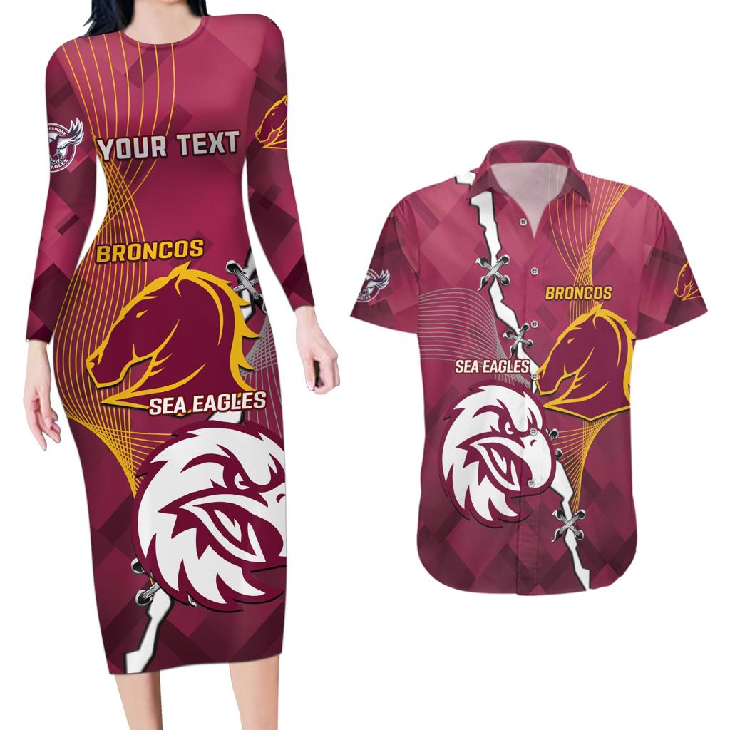 Personalised Broncos And Eagles Rugby Couples Matching Long Sleeve Bodycon Dress and Hawaiian Shirt Sporty Version