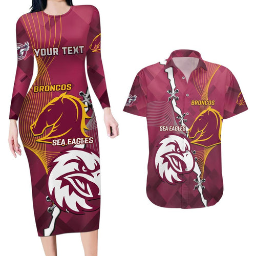Personalised Broncos And Eagles Rugby Couples Matching Long Sleeve Bodycon Dress and Hawaiian Shirt Sporty Version
