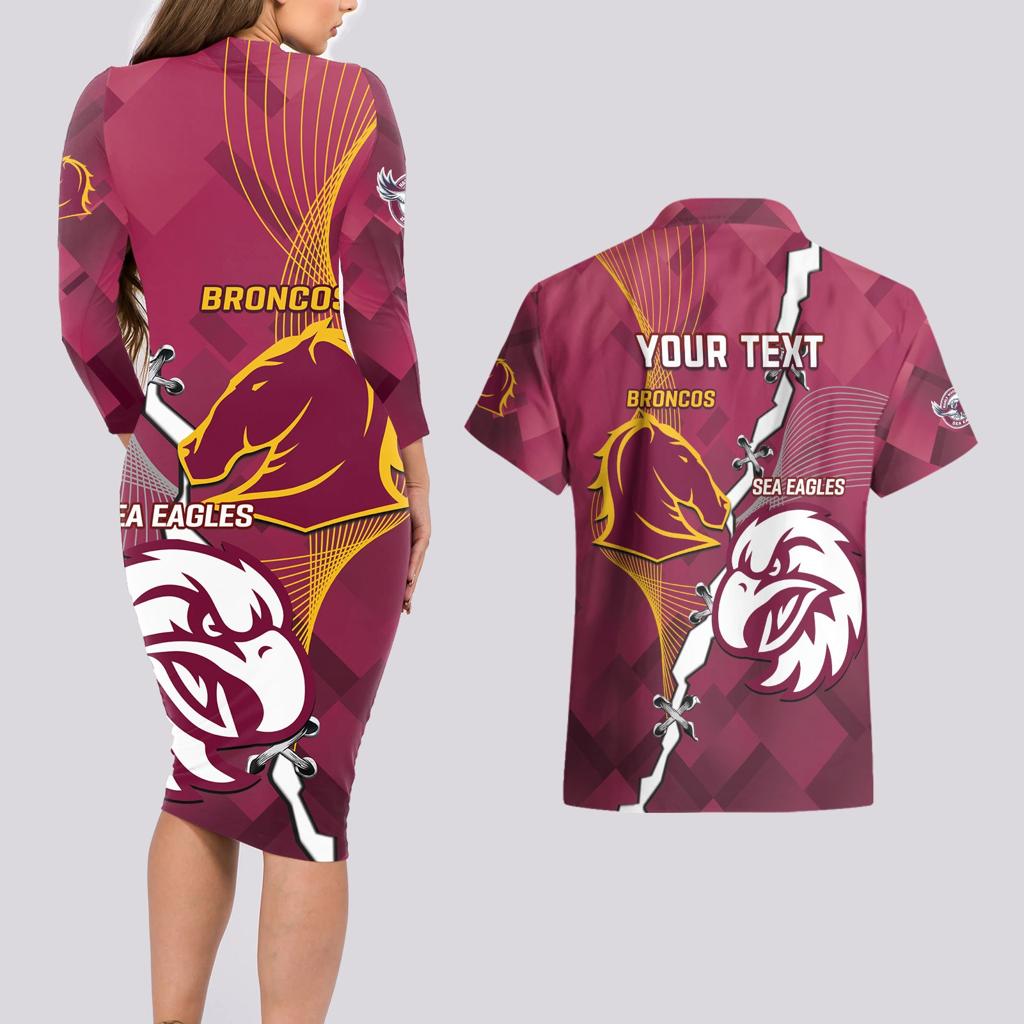 Personalised Broncos And Eagles Rugby Couples Matching Long Sleeve Bodycon Dress and Hawaiian Shirt Sporty Version