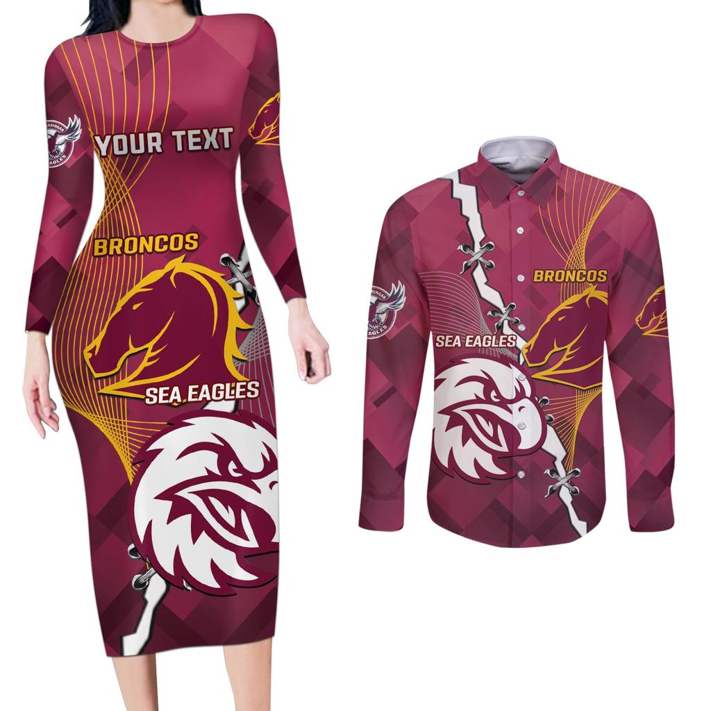 Personalised Broncos And Eagles Rugby Couples Matching Long Sleeve Bodycon Dress and Long Sleeve Button Shirt Sporty Version