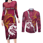 Personalised Broncos And Eagles Rugby Couples Matching Long Sleeve Bodycon Dress and Long Sleeve Button Shirt Sporty Version