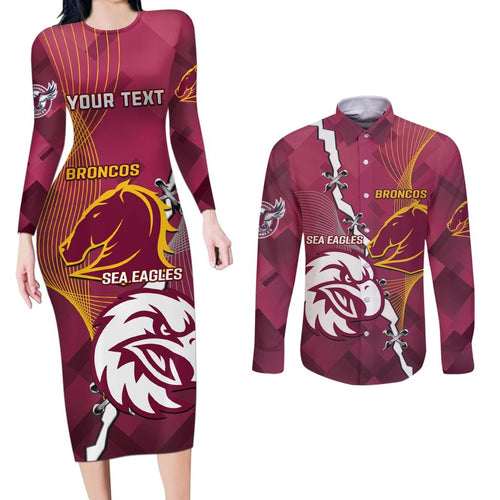 Personalised Broncos And Eagles Rugby Couples Matching Long Sleeve Bodycon Dress and Long Sleeve Button Shirt Sporty Version