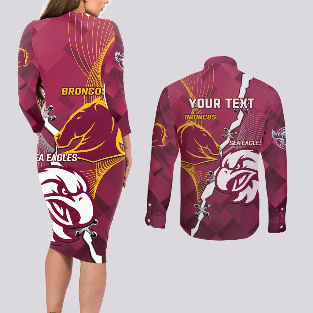 Personalised Broncos And Eagles Rugby Couples Matching Long Sleeve Bodycon Dress and Long Sleeve Button Shirt Sporty Version