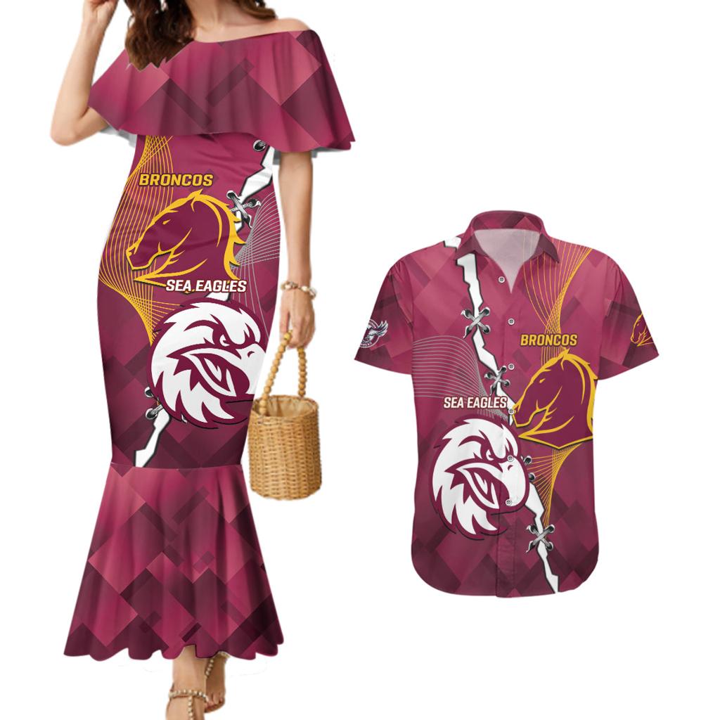 Personalised Broncos And Eagles Rugby Couples Matching Mermaid Dress and Hawaiian Shirt Sporty Version