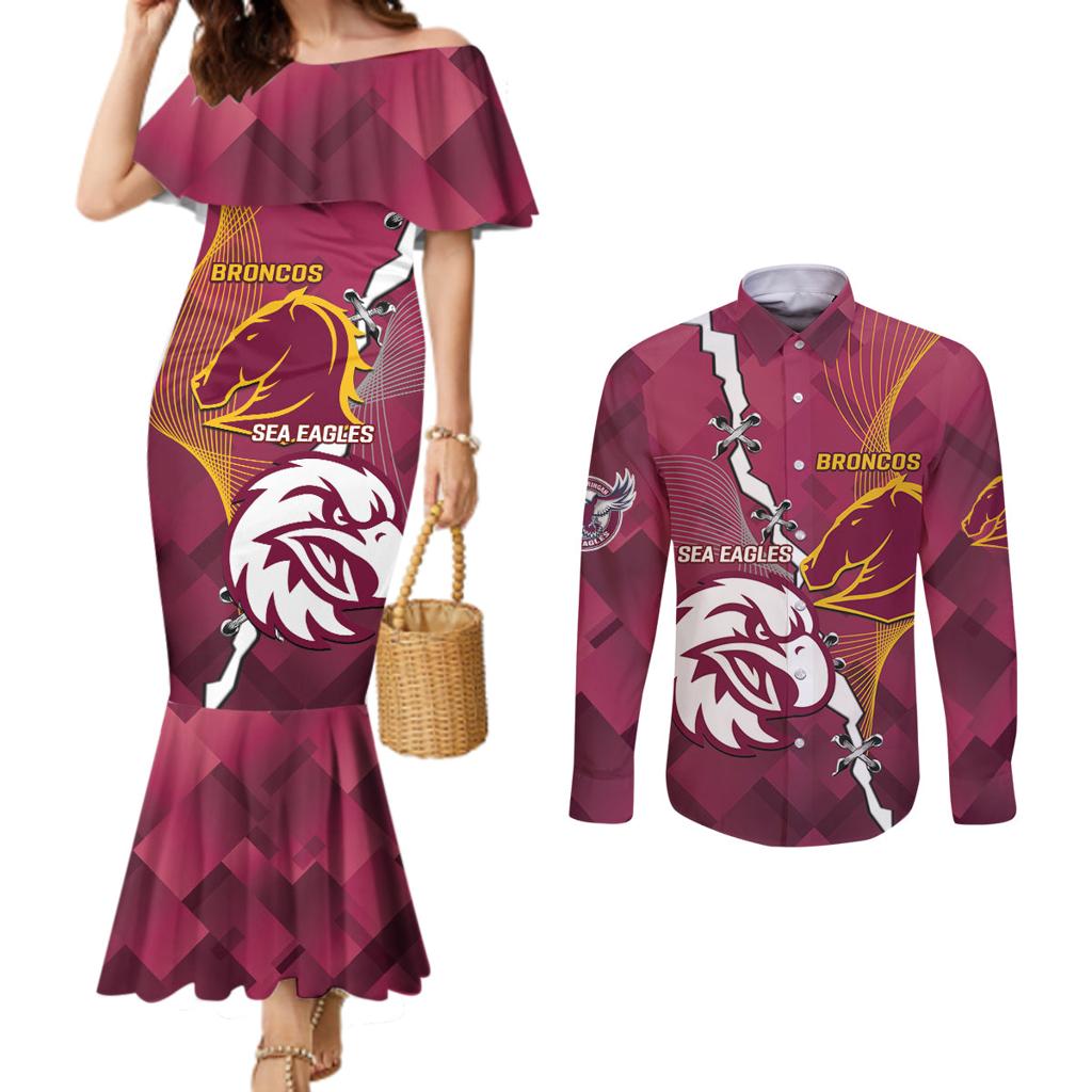 Personalised Broncos And Eagles Rugby Couples Matching Mermaid Dress and Long Sleeve Button Shirt Sporty Version