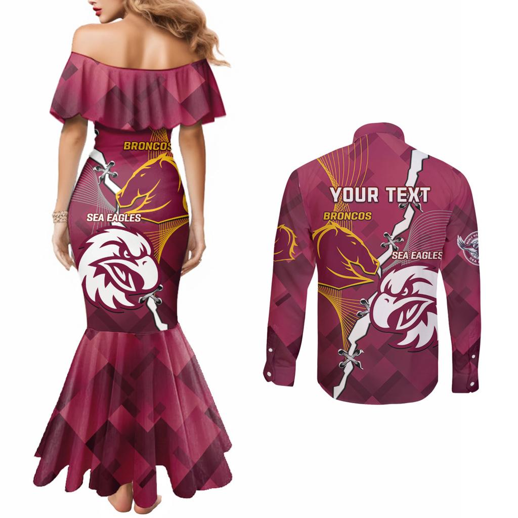 Personalised Broncos And Eagles Rugby Couples Matching Mermaid Dress and Long Sleeve Button Shirt Sporty Version