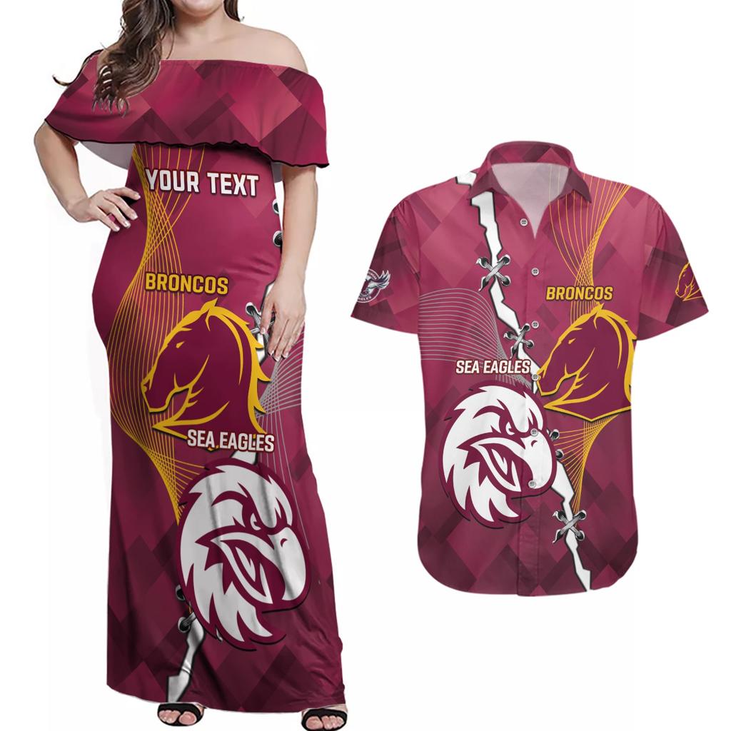 Personalised Broncos And Eagles Rugby Couples Matching Off Shoulder Maxi Dress and Hawaiian Shirt Sporty Version
