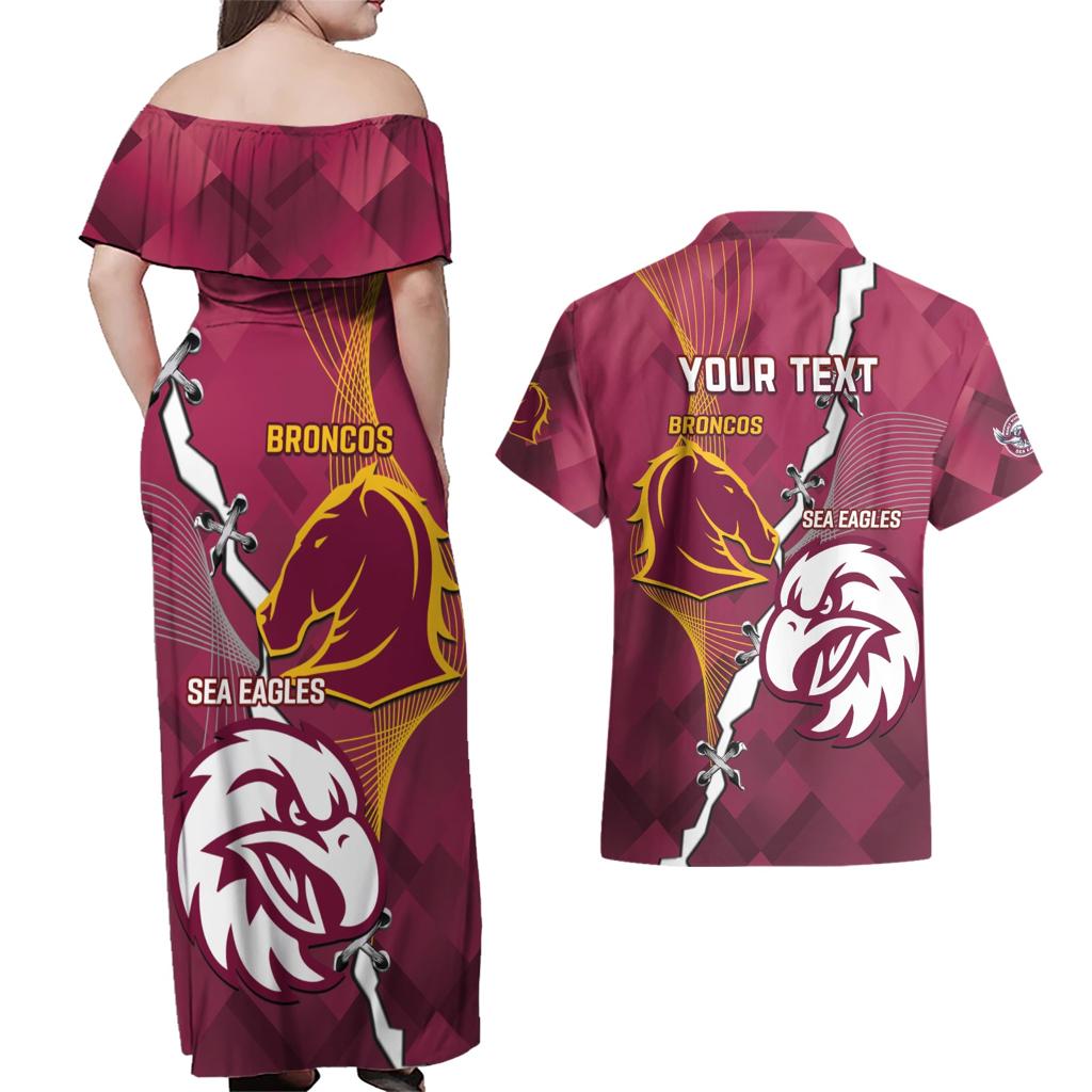 Personalised Broncos And Eagles Rugby Couples Matching Off Shoulder Maxi Dress and Hawaiian Shirt Sporty Version