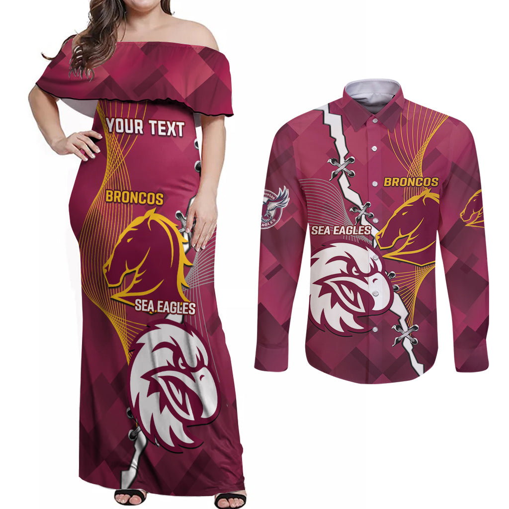 Personalised Broncos And Eagles Rugby Couples Matching Off Shoulder Maxi Dress and Long Sleeve Button Shirt Sporty Version