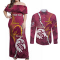 Personalised Broncos And Eagles Rugby Couples Matching Off Shoulder Maxi Dress and Long Sleeve Button Shirt Sporty Version