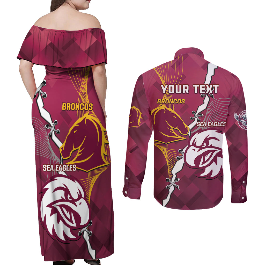 Personalised Broncos And Eagles Rugby Couples Matching Off Shoulder Maxi Dress and Long Sleeve Button Shirt Sporty Version
