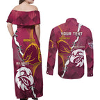 Personalised Broncos And Eagles Rugby Couples Matching Off Shoulder Maxi Dress and Long Sleeve Button Shirt Sporty Version