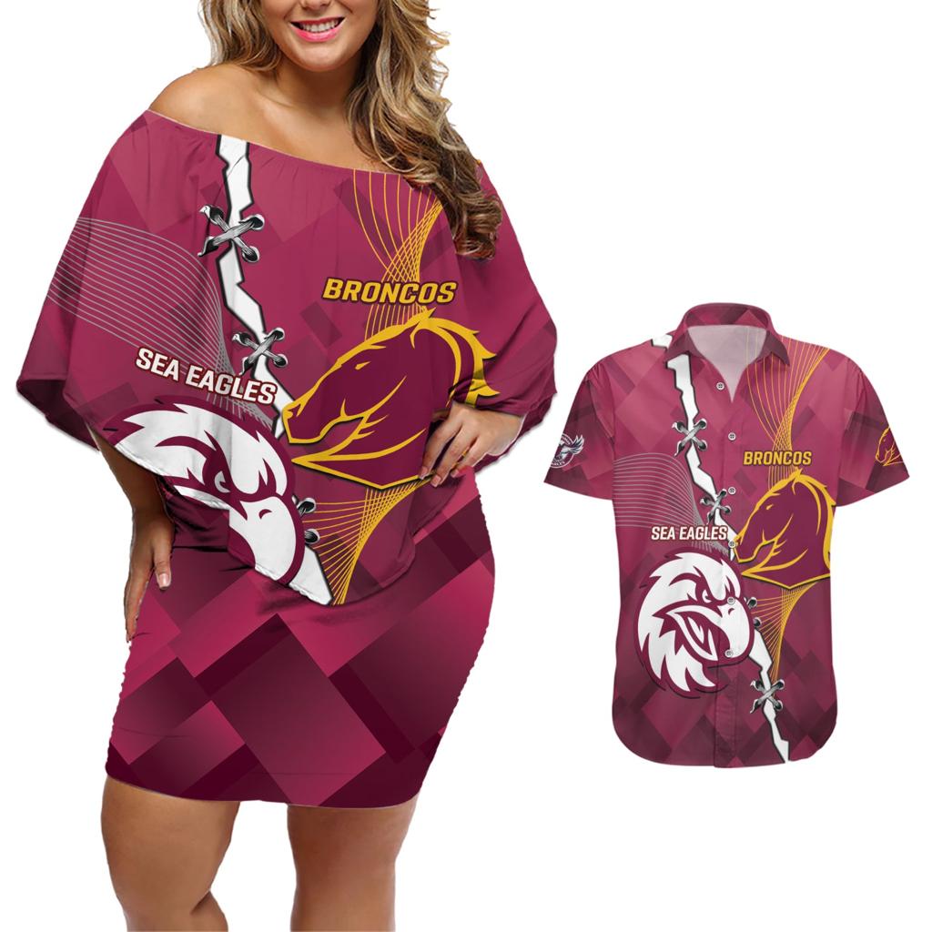 Personalised Broncos And Eagles Rugby Couples Matching Off Shoulder Short Dress and Hawaiian Shirt Sporty Version