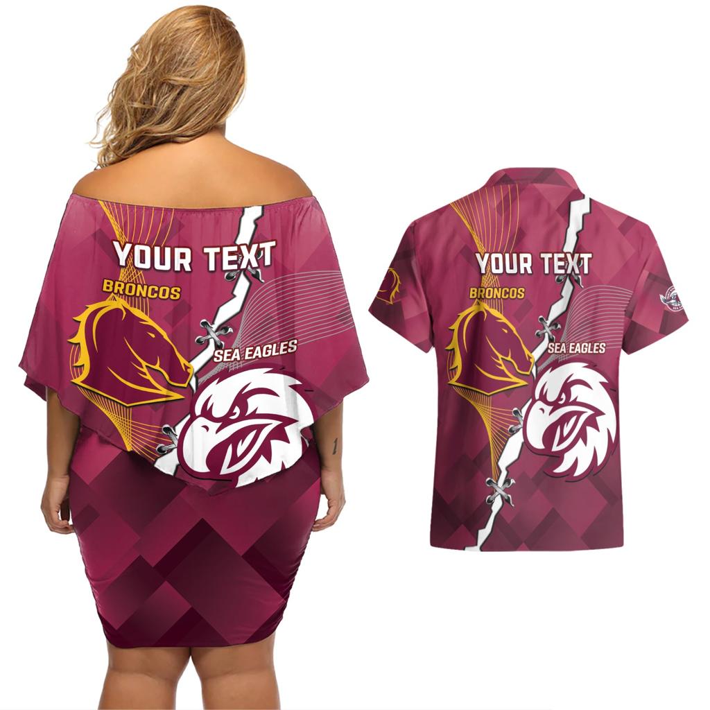 Personalised Broncos And Eagles Rugby Couples Matching Off Shoulder Short Dress and Hawaiian Shirt Sporty Version