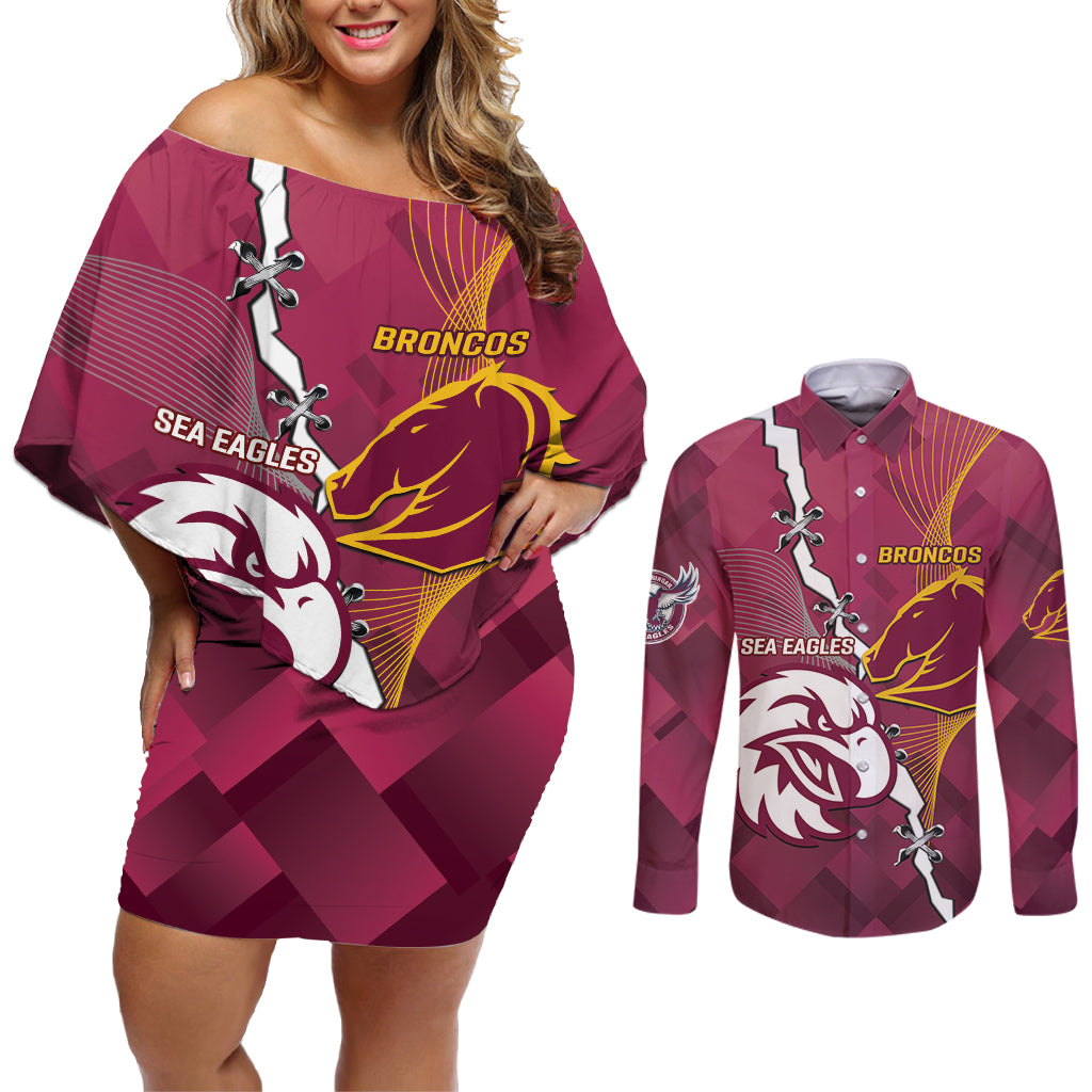 Personalised Broncos And Eagles Rugby Couples Matching Off Shoulder Short Dress and Long Sleeve Button Shirt Sporty Version
