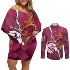 Personalised Broncos And Eagles Rugby Couples Matching Off Shoulder Short Dress and Long Sleeve Button Shirt Sporty Version