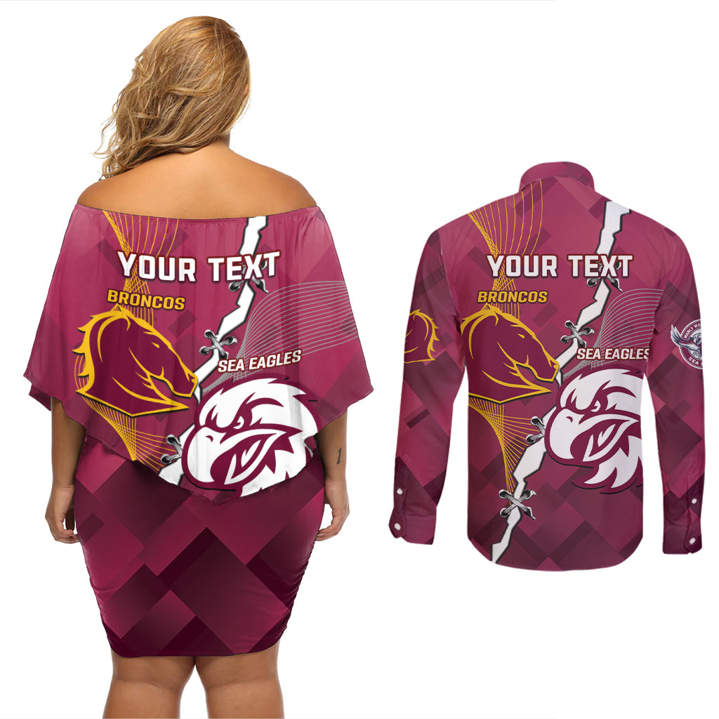 Personalised Broncos And Eagles Rugby Couples Matching Off Shoulder Short Dress and Long Sleeve Button Shirt Sporty Version