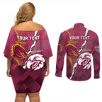 Personalised Broncos And Eagles Rugby Couples Matching Off Shoulder Short Dress and Long Sleeve Button Shirt Sporty Version