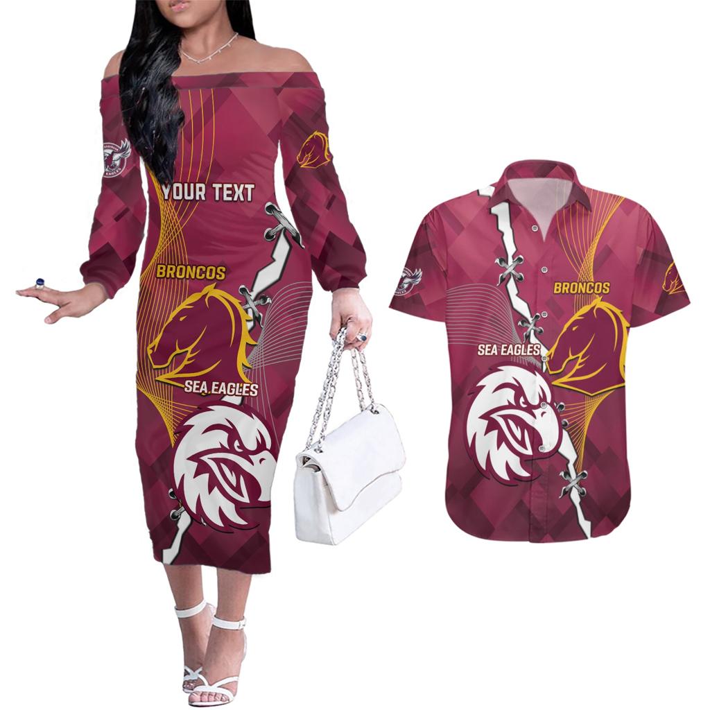 Personalised Broncos And Eagles Rugby Couples Matching Off The Shoulder Long Sleeve Dress and Hawaiian Shirt Sporty Version