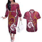 Personalised Broncos And Eagles Rugby Couples Matching Off The Shoulder Long Sleeve Dress and Hawaiian Shirt Sporty Version