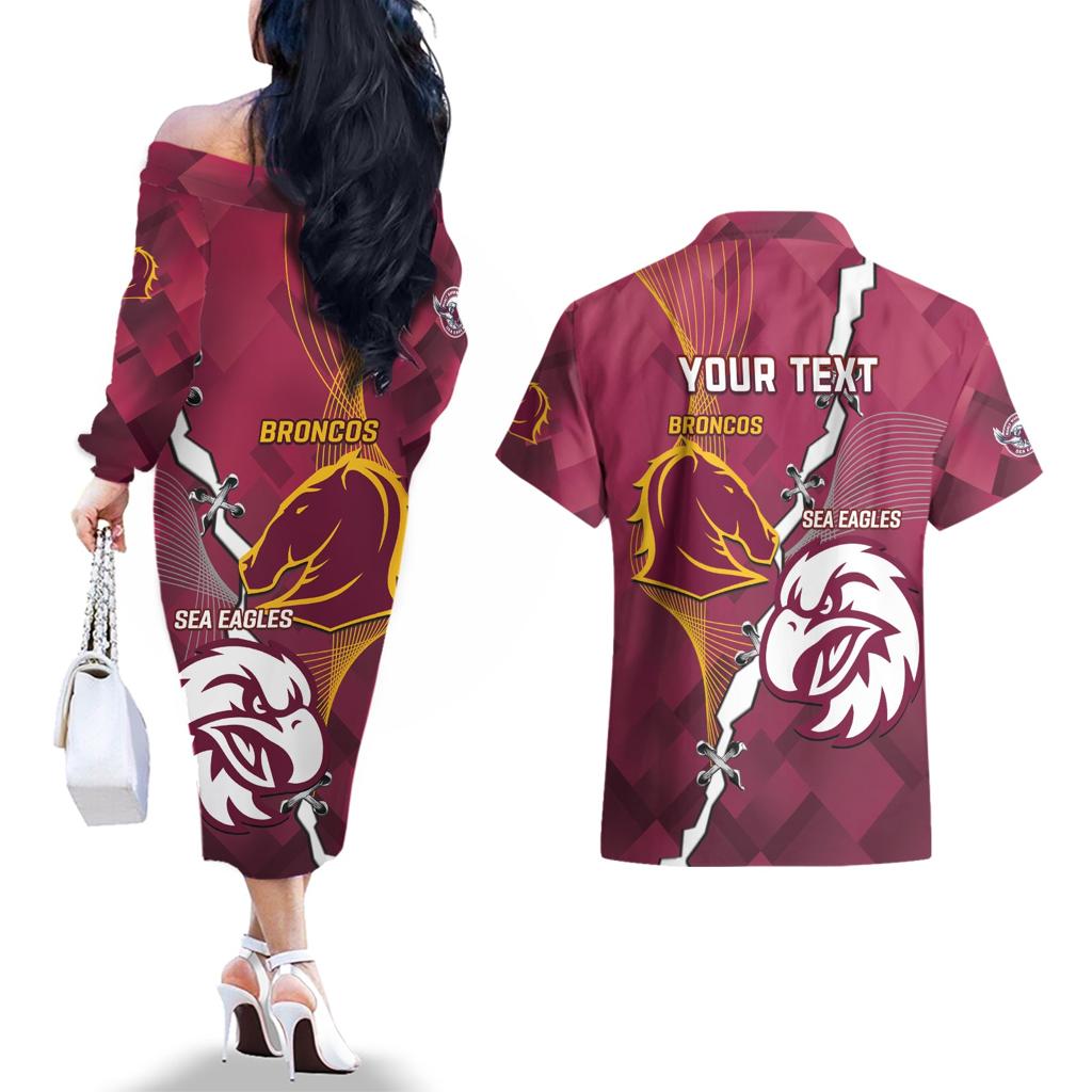 Personalised Broncos And Eagles Rugby Couples Matching Off The Shoulder Long Sleeve Dress and Hawaiian Shirt Sporty Version