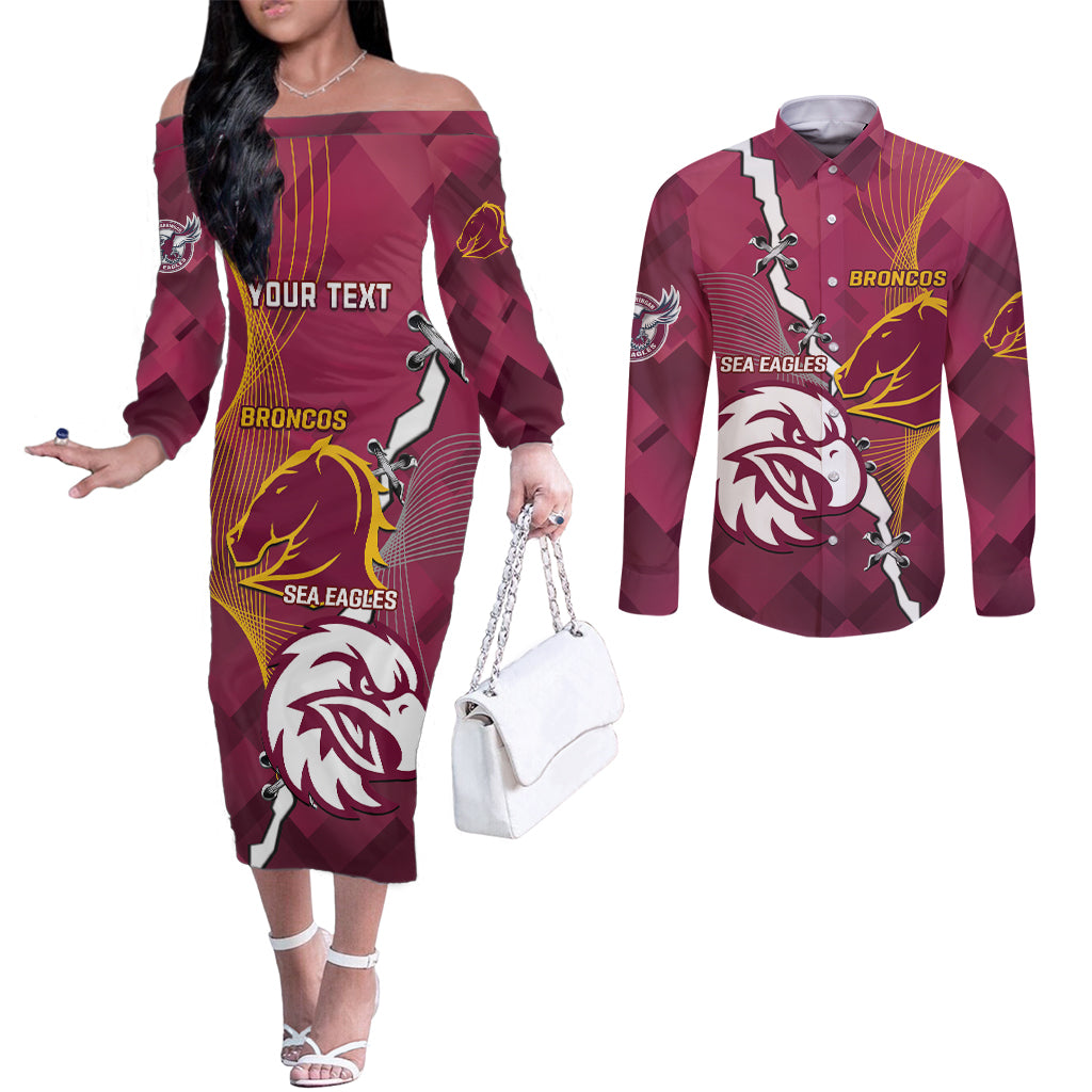 Personalised Broncos And Eagles Rugby Couples Matching Off The Shoulder Long Sleeve Dress and Long Sleeve Button Shirt Sporty Version