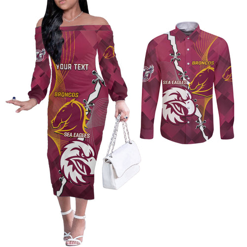 Personalised Broncos And Eagles Rugby Couples Matching Off The Shoulder Long Sleeve Dress and Long Sleeve Button Shirt Sporty Version