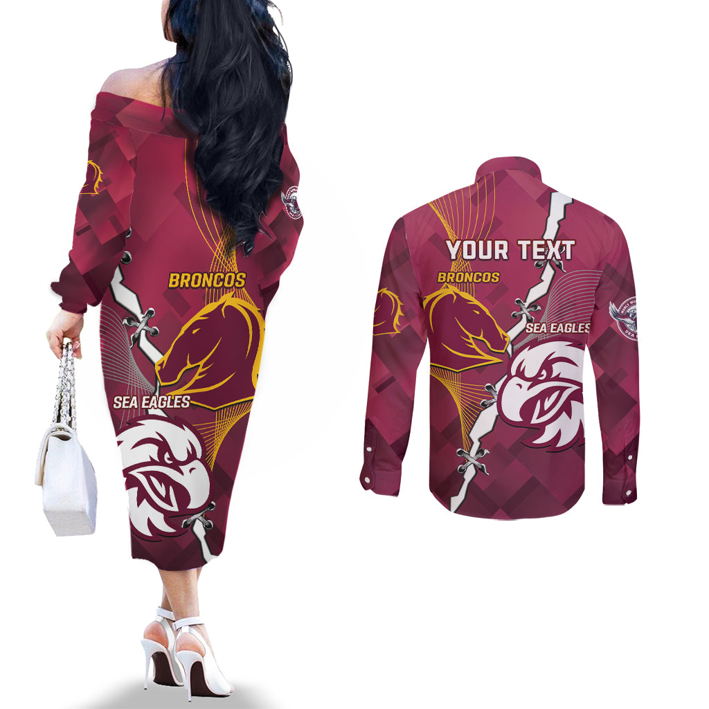 Personalised Broncos And Eagles Rugby Couples Matching Off The Shoulder Long Sleeve Dress and Long Sleeve Button Shirt Sporty Version