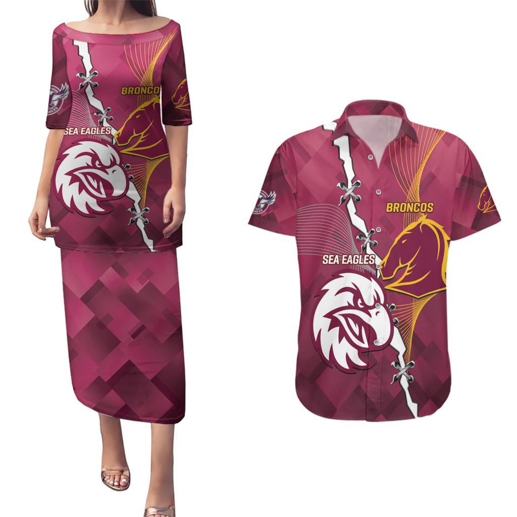 Personalised Broncos And Eagles Rugby Couples Matching Puletasi and Hawaiian Shirt Sporty Version
