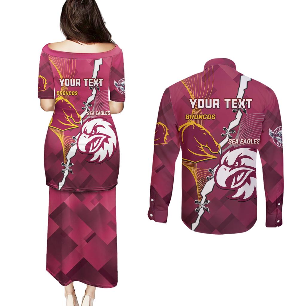 Personalised Broncos And Eagles Rugby Couples Matching Puletasi and Long Sleeve Button Shirt Sporty Version