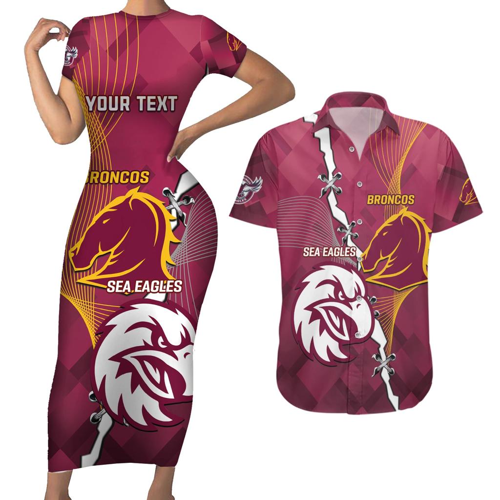Personalised Broncos And Eagles Rugby Couples Matching Short Sleeve Bodycon Dress and Hawaiian Shirt Sporty Version