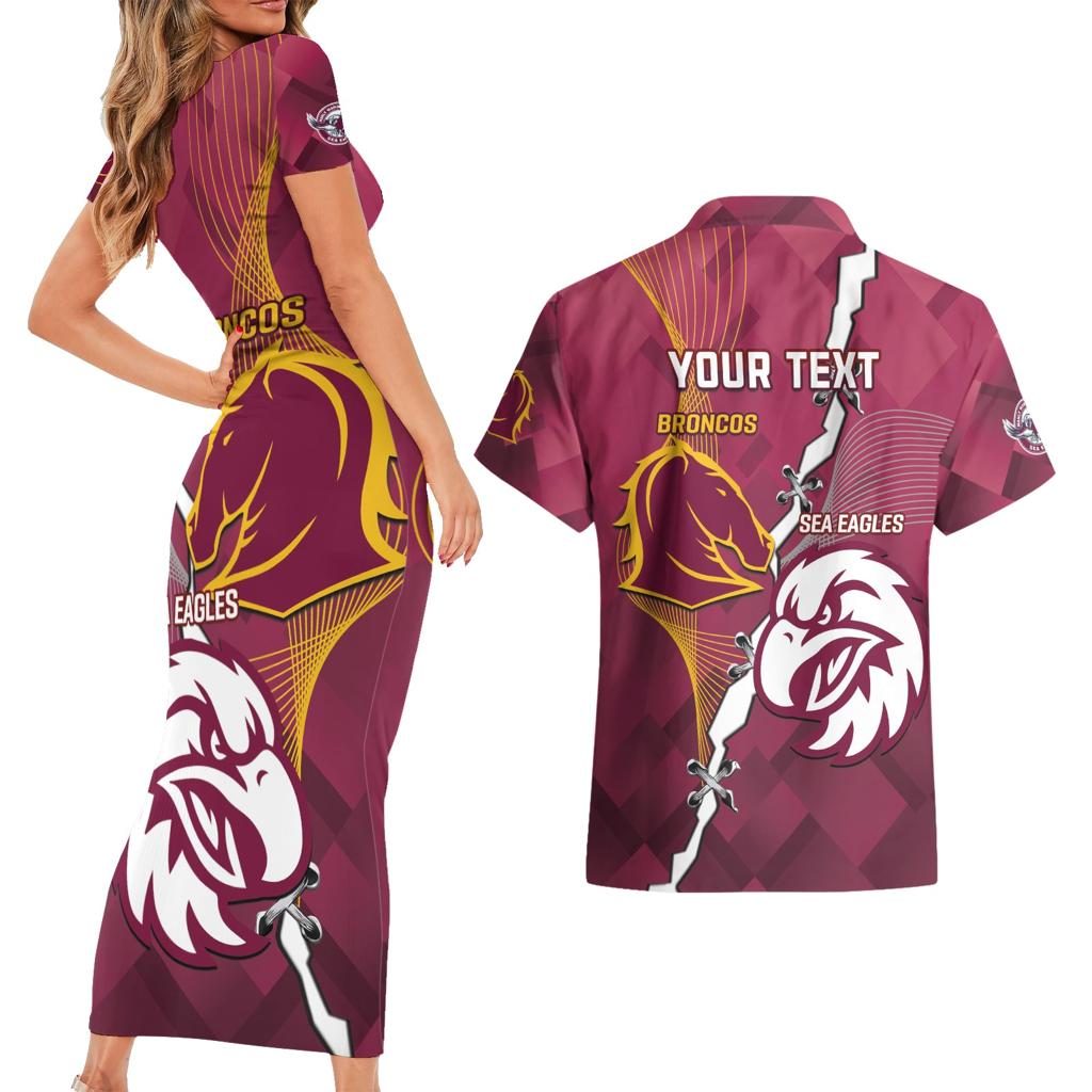 Personalised Broncos And Eagles Rugby Couples Matching Short Sleeve Bodycon Dress and Hawaiian Shirt Sporty Version