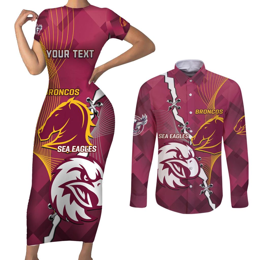 Personalised Broncos And Eagles Rugby Couples Matching Short Sleeve Bodycon Dress and Long Sleeve Button Shirt Sporty Version