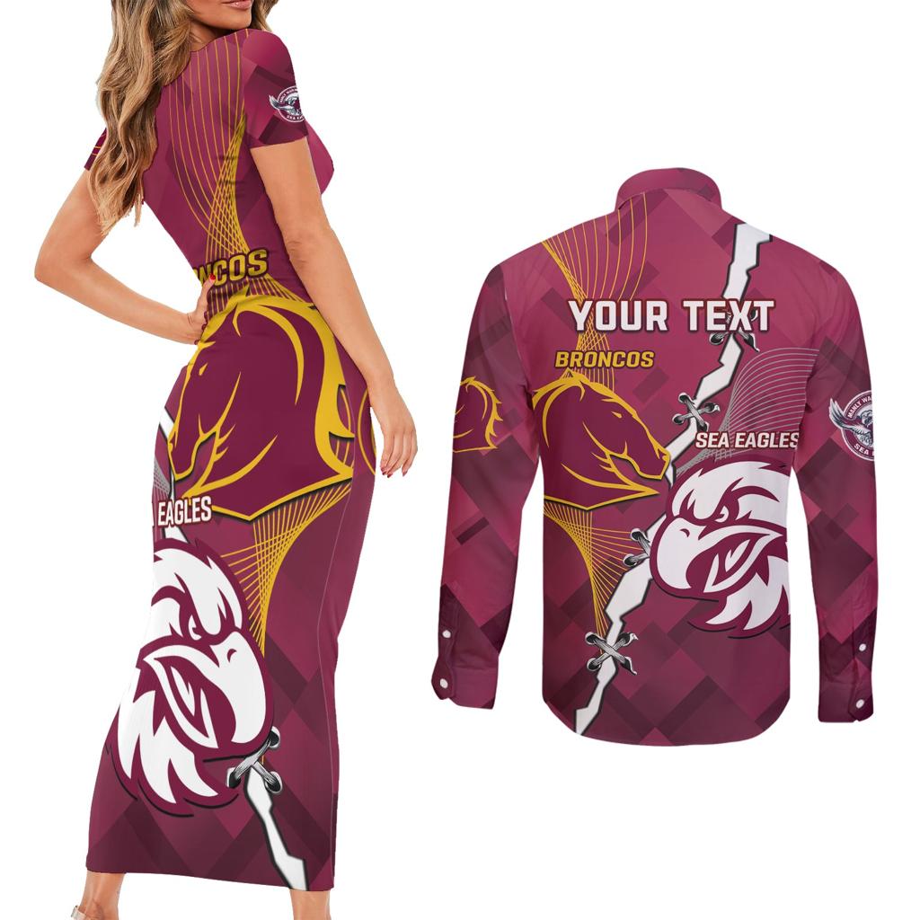 Personalised Broncos And Eagles Rugby Couples Matching Short Sleeve Bodycon Dress and Long Sleeve Button Shirt Sporty Version