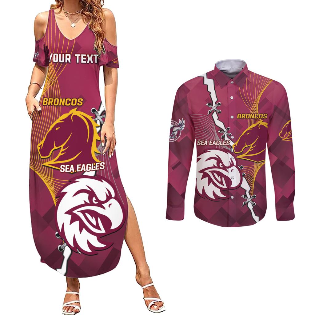 Personalised Broncos And Eagles Rugby Couples Matching Summer Maxi Dress and Long Sleeve Button Shirt Sporty Version
