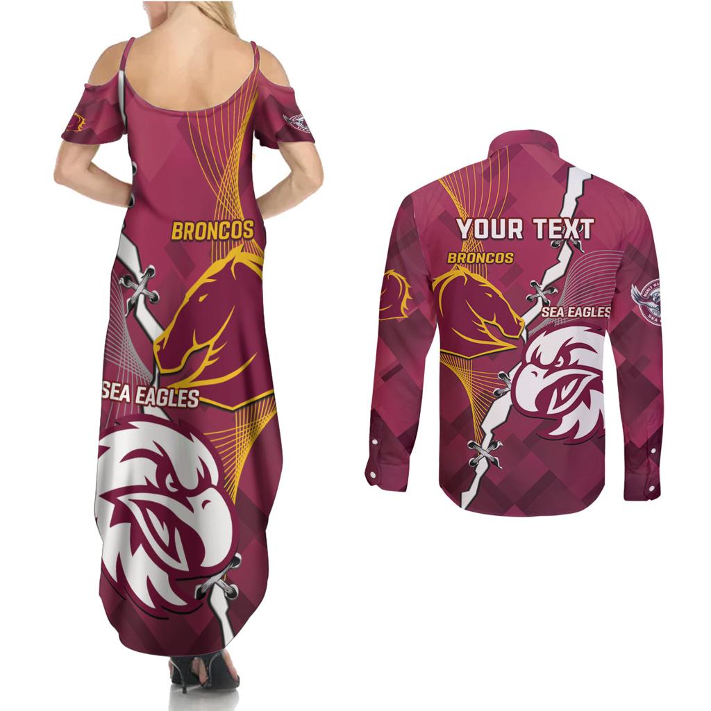 Personalised Broncos And Eagles Rugby Couples Matching Summer Maxi Dress and Long Sleeve Button Shirt Sporty Version
