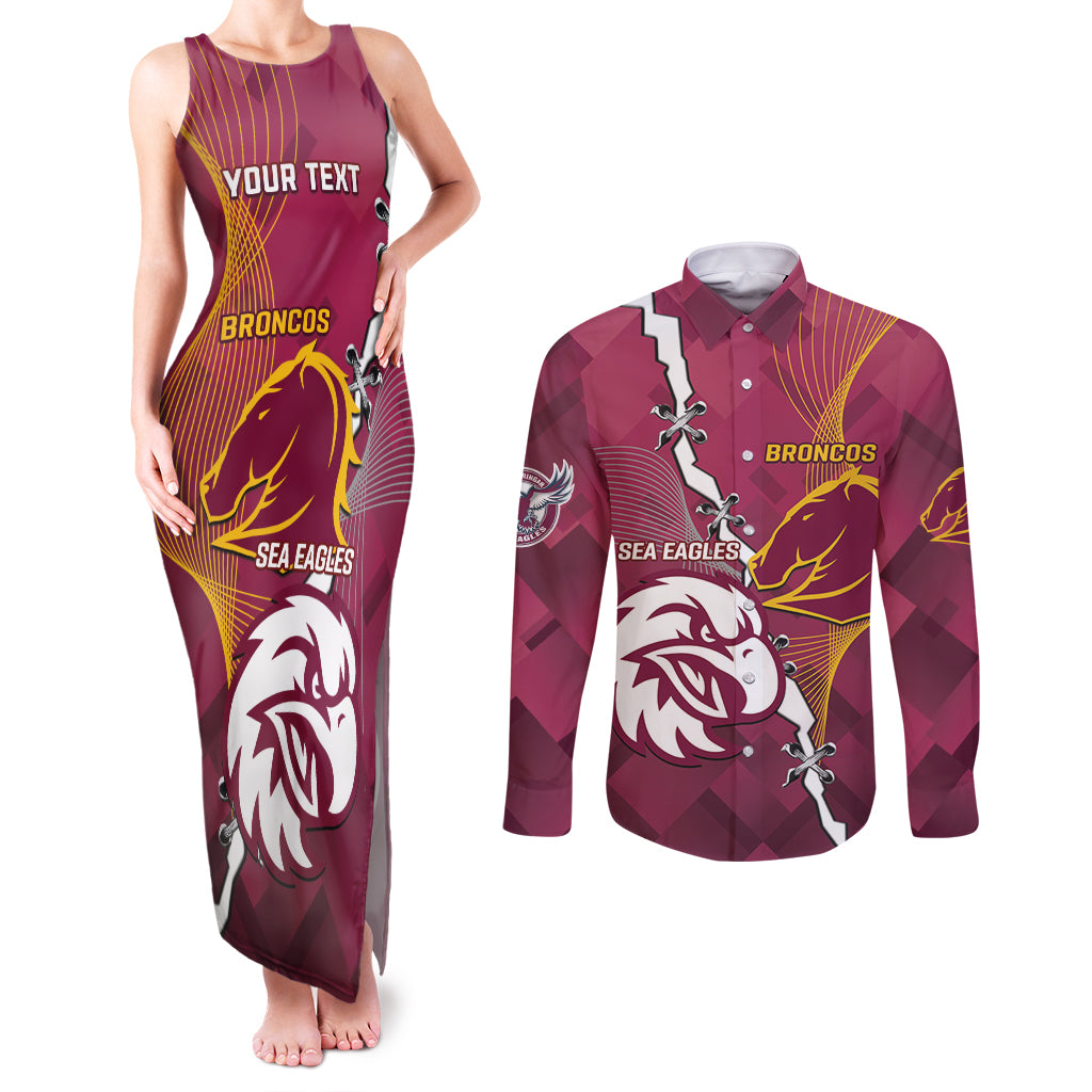 Personalised Broncos And Eagles Rugby Couples Matching Tank Maxi Dress and Long Sleeve Button Shirt Sporty Version