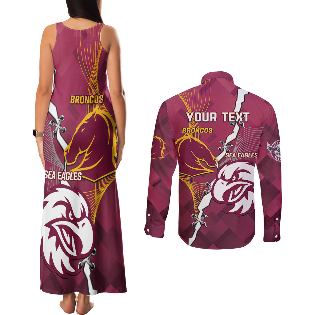 Personalised Broncos And Eagles Rugby Couples Matching Tank Maxi Dress and Long Sleeve Button Shirt Sporty Version