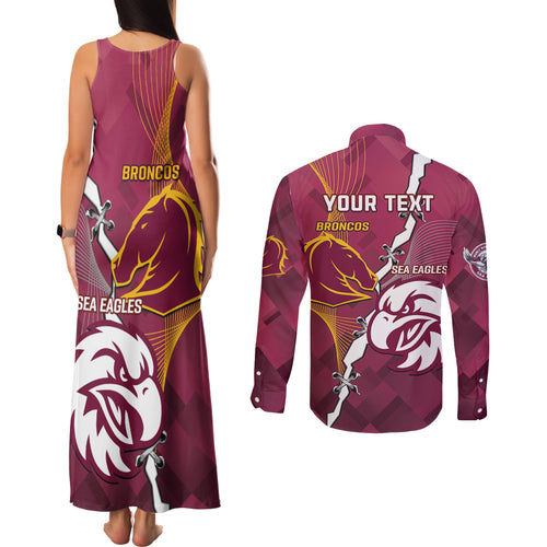 Personalised Broncos And Eagles Rugby Couples Matching Tank Maxi Dress and Long Sleeve Button Shirt Sporty Version