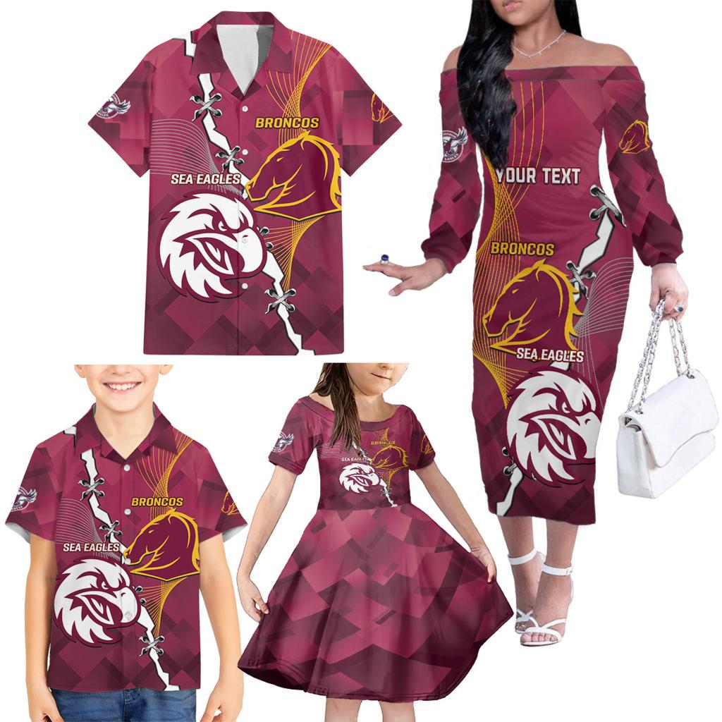 Personalised Broncos And Eagles Rugby Family Matching Off The Shoulder Long Sleeve Dress and Hawaiian Shirt Sporty Version