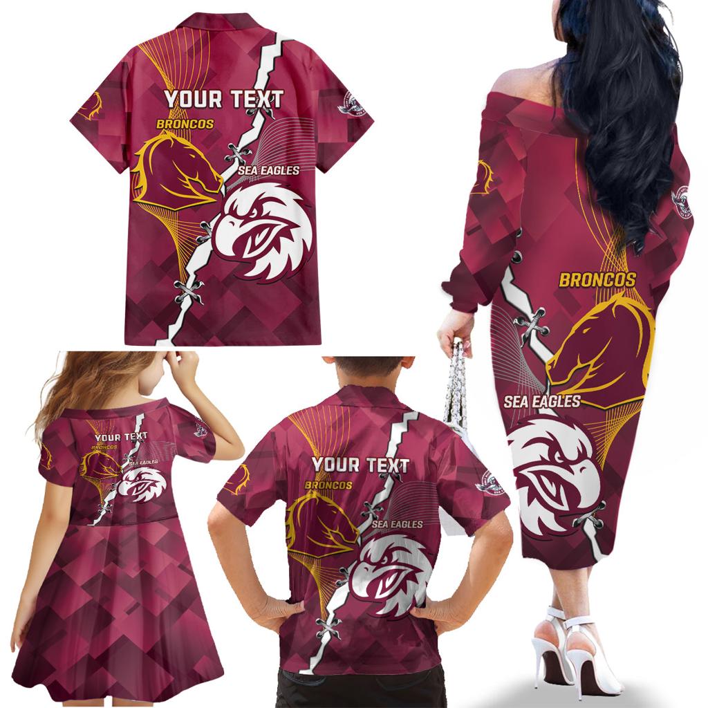 Personalised Broncos And Eagles Rugby Family Matching Off The Shoulder Long Sleeve Dress and Hawaiian Shirt Sporty Version