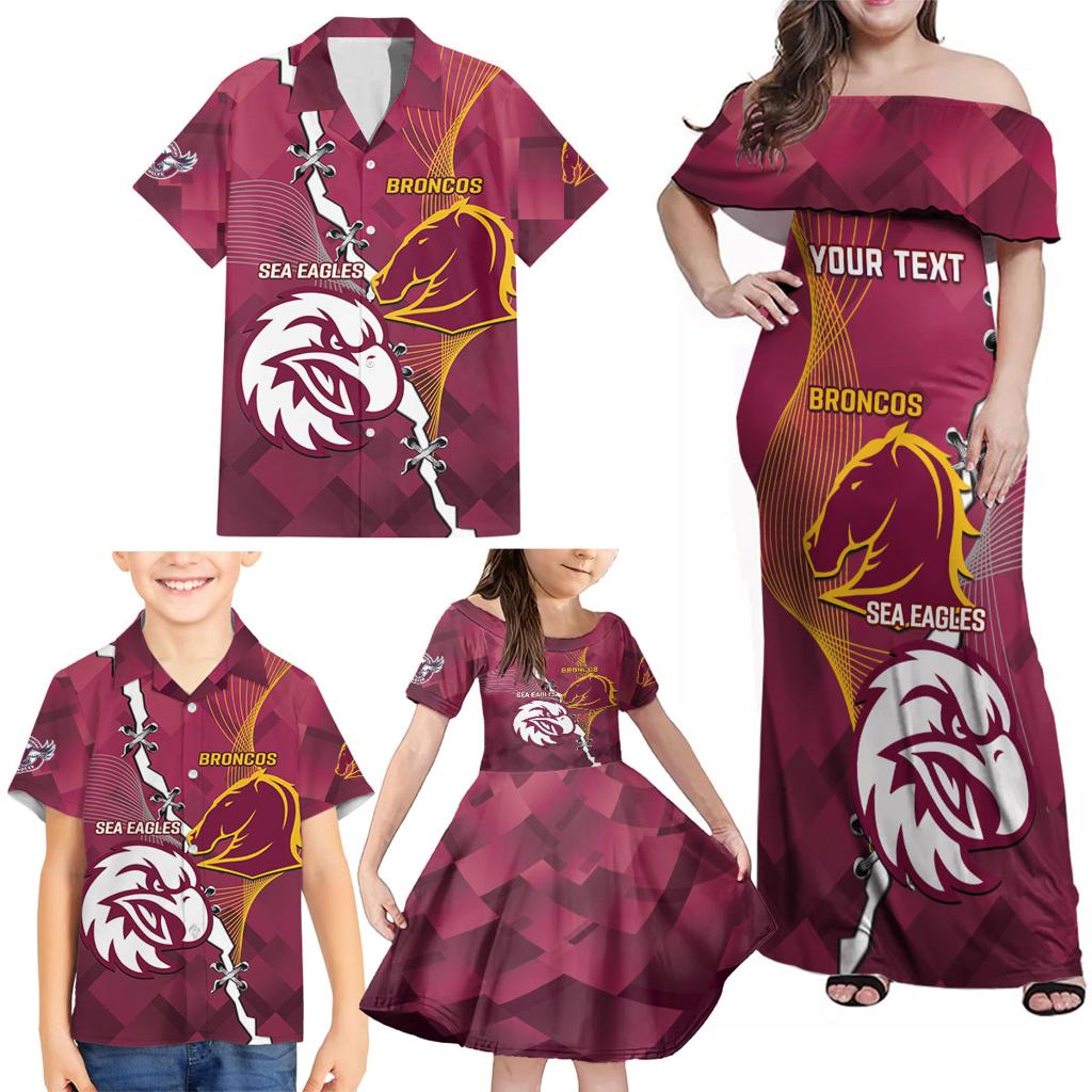 Personalised Broncos And Eagles Rugby Family Matching Off Shoulder Maxi Dress and Hawaiian Shirt Sporty Version