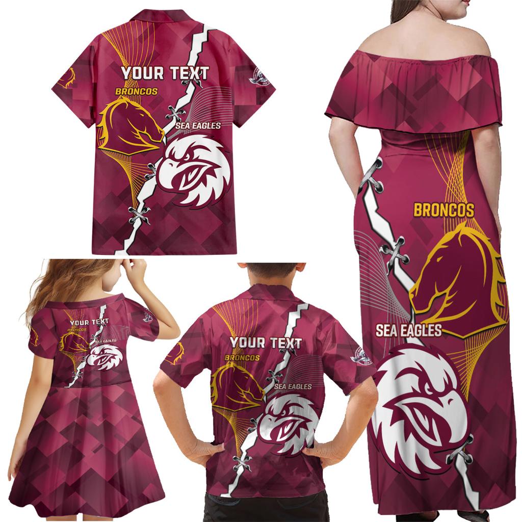Personalised Broncos And Eagles Rugby Family Matching Off Shoulder Maxi Dress and Hawaiian Shirt Sporty Version