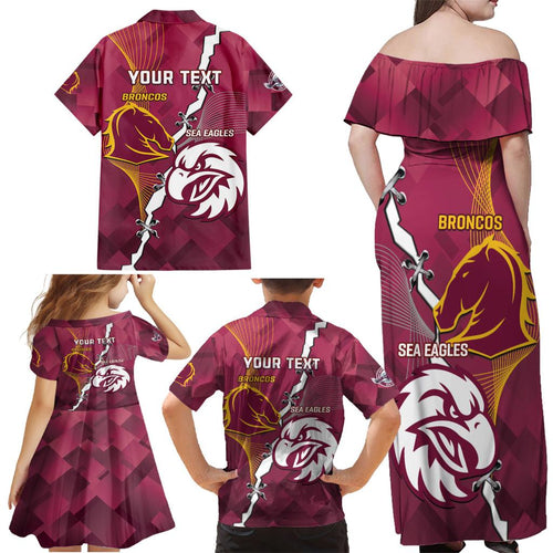Personalised Broncos And Eagles Rugby Family Matching Off Shoulder Maxi Dress and Hawaiian Shirt Sporty Version