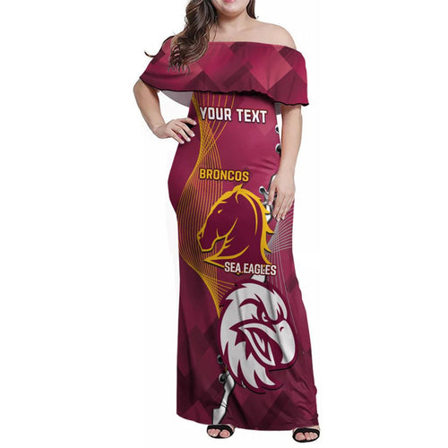 Personalised Broncos And Eagles Rugby Family Matching Off Shoulder Maxi Dress and Hawaiian Shirt Sporty Version