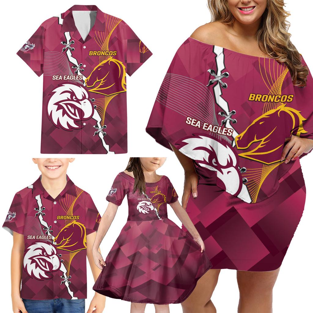 Personalised Broncos And Eagles Rugby Family Matching Off Shoulder Short Dress and Hawaiian Shirt Sporty Version