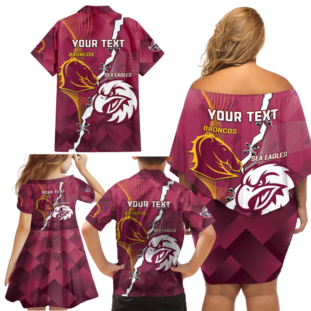 Personalised Broncos And Eagles Rugby Family Matching Off Shoulder Short Dress and Hawaiian Shirt Sporty Version
