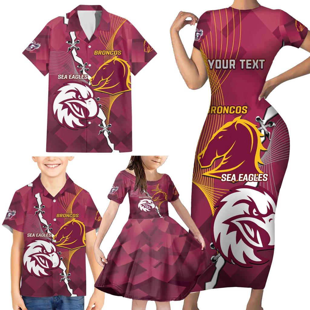 Personalised Broncos And Eagles Rugby Family Matching Short Sleeve Bodycon Dress and Hawaiian Shirt Sporty Version